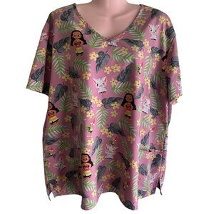 Disney Moana Tunic Top Womens 3XL Pink Tropical Floral Character Print V Neck